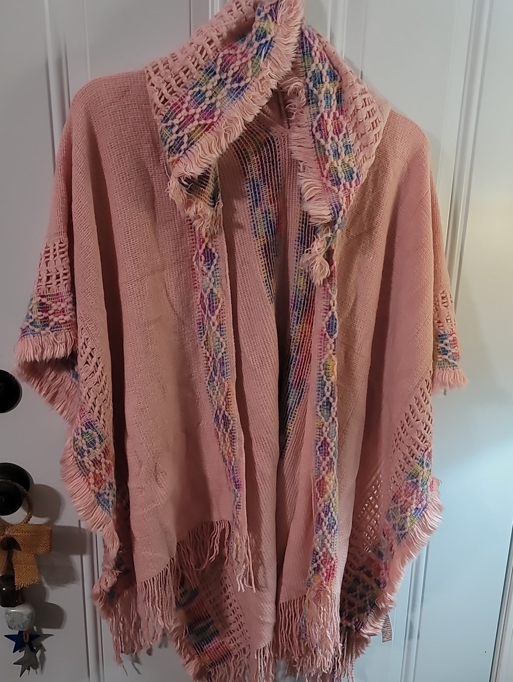 Pink Fringe Boho Knit Shawl Hoodie with Multicolor Trim - Picture 4 of 8